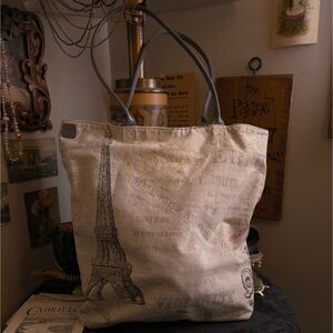 Paris Eiffel Tower Graphic Large Tote Bag Cream Gray Reversible